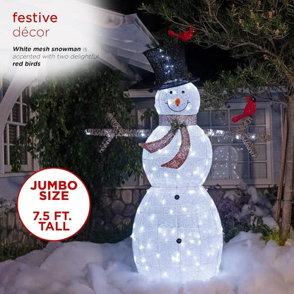 Alpine Company Large White Mesh Snowman Decoration, Bird Accents and LED Lights