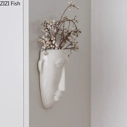 ديكور بايتس™ - مزهرية خزفية على شكل وجه إنسان تجريدي، وعاء نباتات، ديكور غرفة