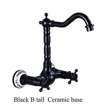 DecorBites™ Brass Ceramic Wall Mount Faucet for Bathroom Washbasin - Double Handle Cold Hot Water