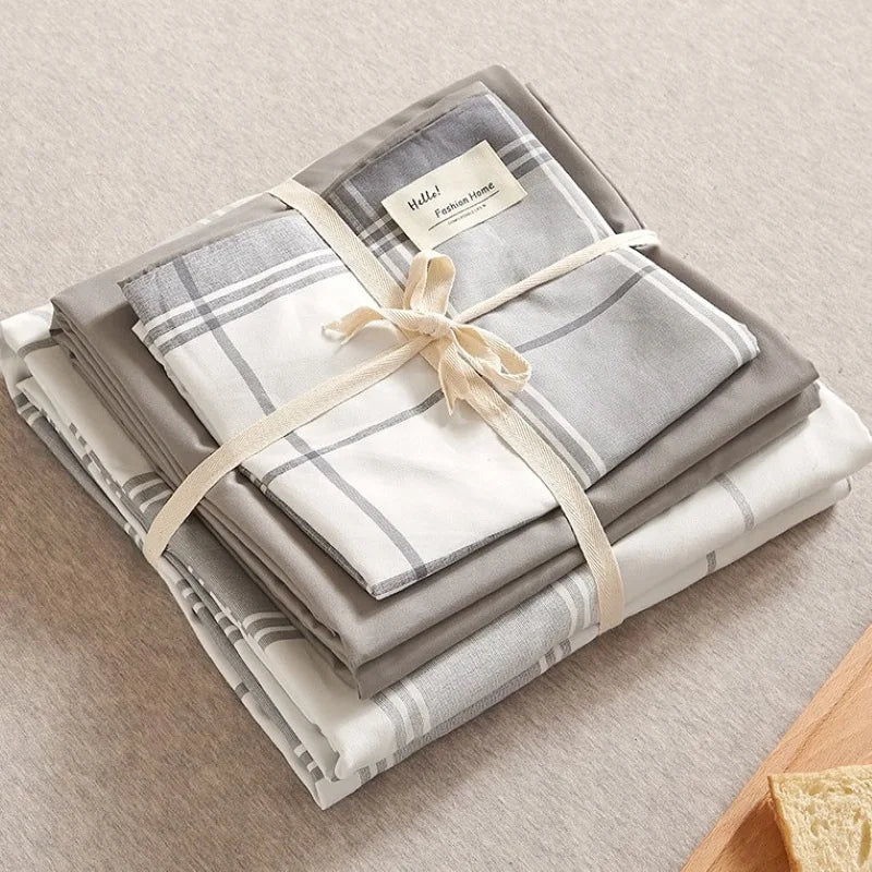 DecorBites™ Japanese Grid Printed Cotton Bedding Set in Queen/King for Cozy Sleep