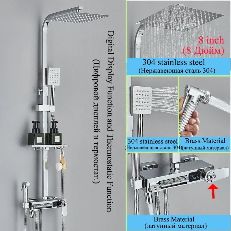 DecorBites™ Digital Display Thermostatic Shower Faucet Set with Rainfall Shower Column in Chrome