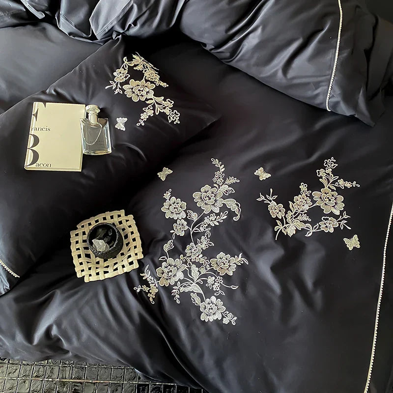 DecorBites™ Egyptian Cotton Flowers Embroidery Bedding Set in Black, Red, and Khaki