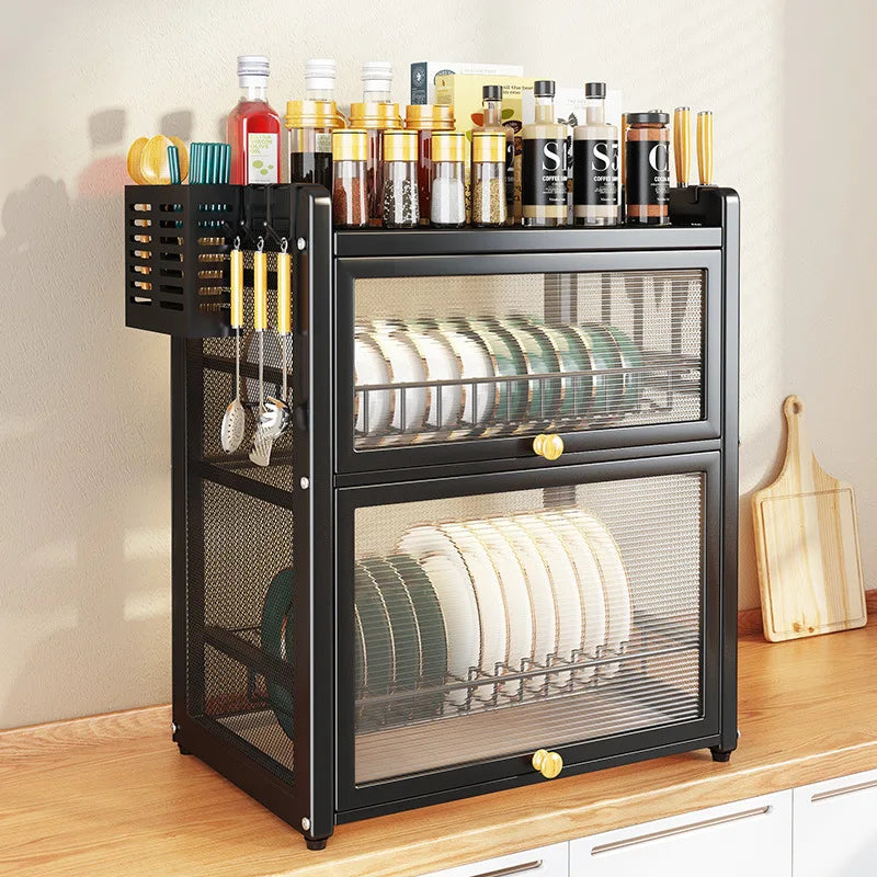 Escurridor de platos de cocina DecorBites™ de doble capa con jaula para palillos y cesta para vajilla