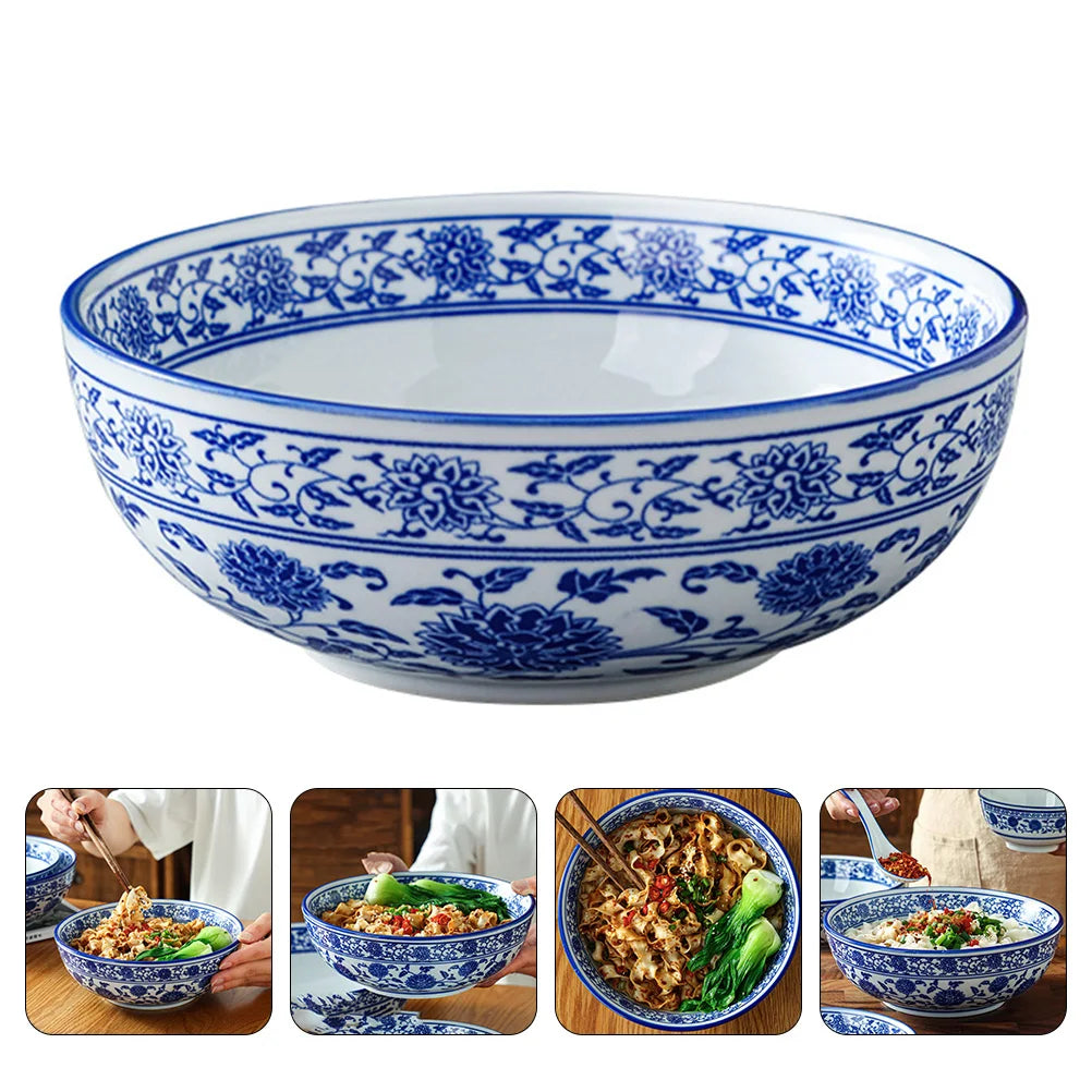 DecorBites™ Blue and White Ceramic Soup Bowl - Perfect for Noodles and Soups