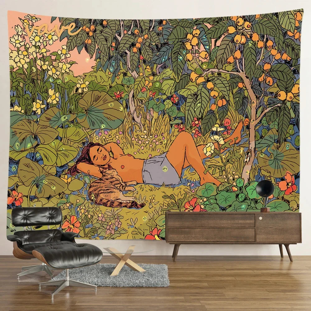 Decobites Psychedelic Tiger Tapestry Wall Hanging - Mysterious Flower Jungle Moon Landscape