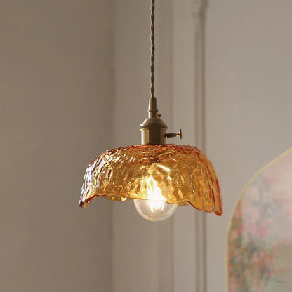 Vintage Amber Glass Pendant Light With Brass Detail