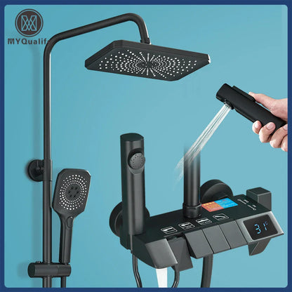 نظام دش DecorBites™ Black Piano الرقمي مع صنابير نحاسية ذكية ودش مطري أبيض