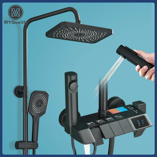 DecorBites™ Black Piano Digital Shower System with Intelligent Brass Faucets and White Rainfall Shower
