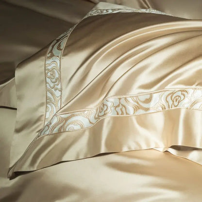 Decobites Satin Brocade Luxe Embroidery Bedding Set Champagne Cotton Duvet Cover Bed Sheet Pillowcases