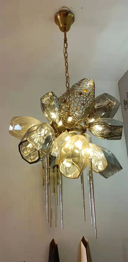 DecorBites™ Glass Shades LED Chandelier Stairs Art Metal Lighting Luxe Chain Hanging Lamp