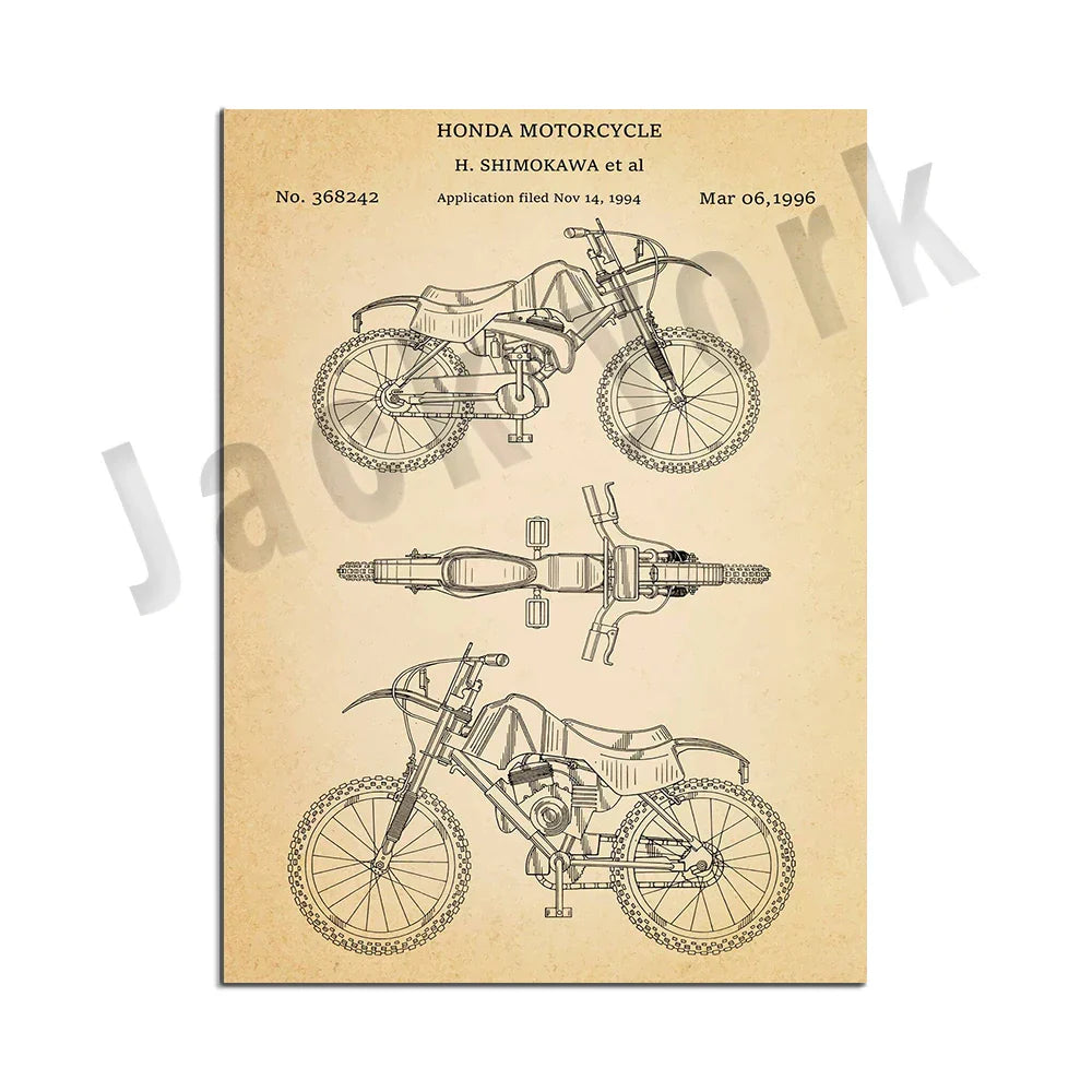 DecorBites™ Dirt Bike Patent Blueprint Poster Canvas Wall Art