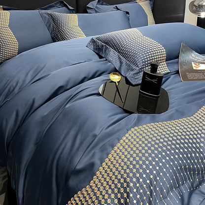 طقم مفروشات فاخر مطرز من القطن DecorBites™ 1000TC باللون الأزرق والأبيض والشمبانيا