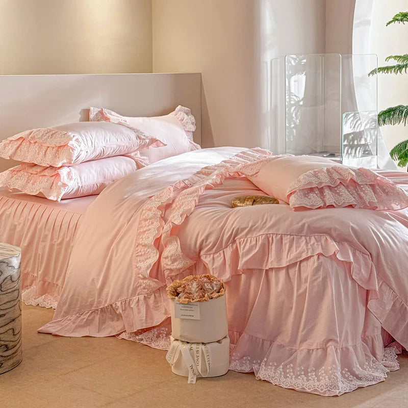 Decobites Pink Lace Ruffles Princess Style Cotton Bedding Set with Bed Skirt and Pillowcases