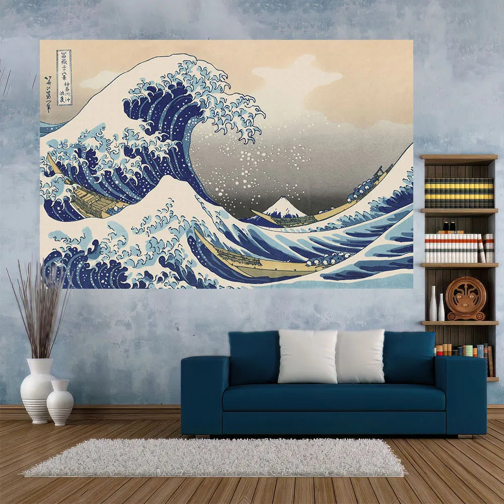 Decobites Ukiyo-E Kanagawa Landscape Tapestry: Japanese Scenery Wall Hanging for Aesthetic Home Decor