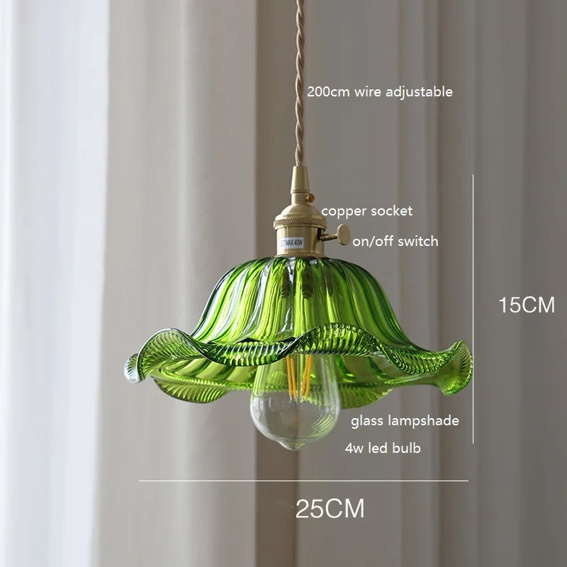 DecorBites™ Green Glass LED Pendant Lamp with Copper Wood Handle for Modern Nordic Home Decor
