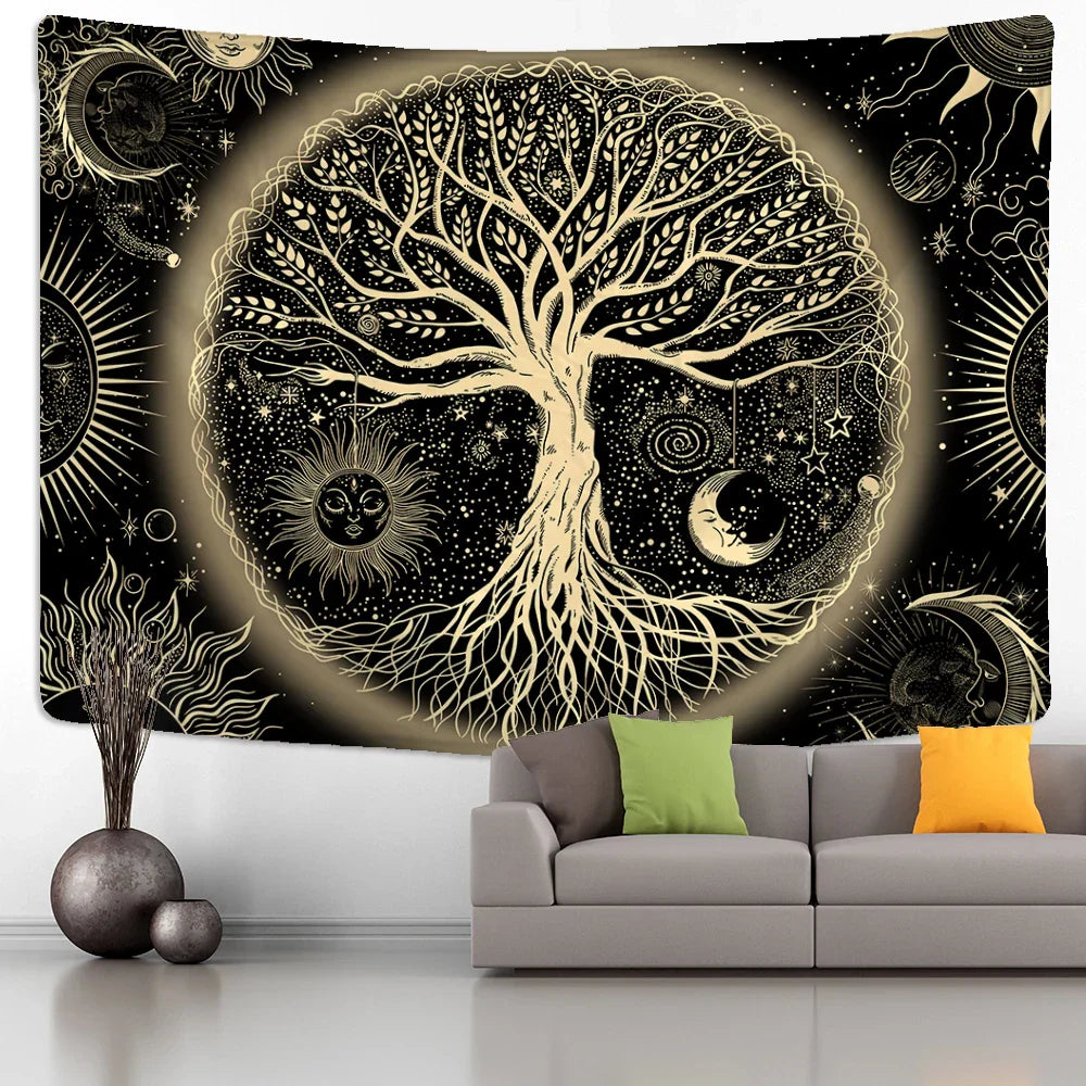 Yellow Sun Moon Life Tree Tapestry Wall Hanging Decobites Abstract Bohemian Aesthetics Home Decor