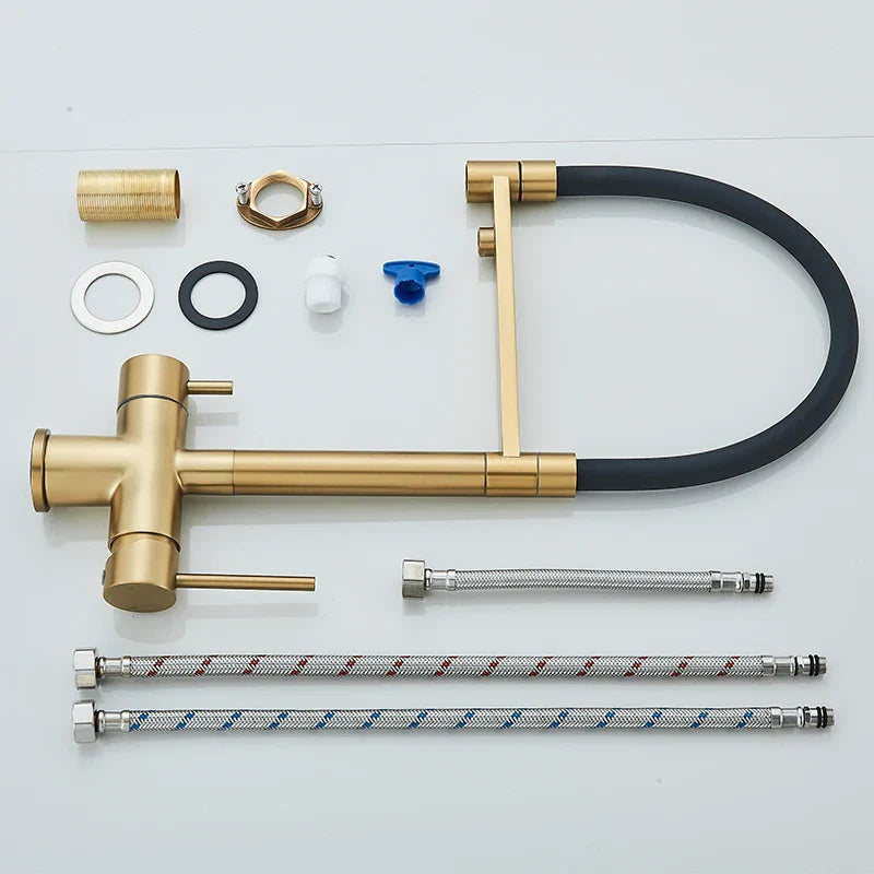 DecorBites™ Brushed Gold 360 Rotate Pull Out Kitchen Filter Faucet with Dual Handle