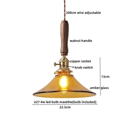 DecorBites™ Amber Glass LED Pendant Light with Walnut Handle for Dining Living Room
