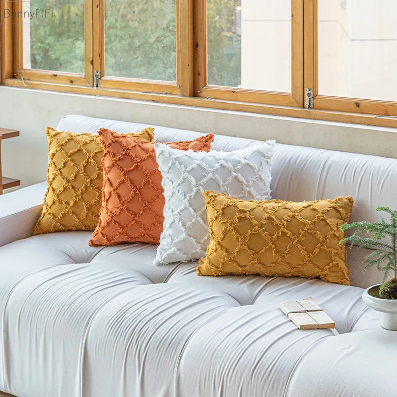 غطاء وسادة قطني من DecorBites™‎ بتصميم ماسي بلون الخردل البرتقالي والبيج لغرفة المعيشة والأريكة والسرير