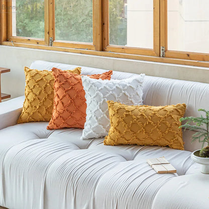 غطاء وسادة قطني من DecorBites™‎ بتصميم ماسي بلون الخردل البرتقالي والبيج لغرفة المعيشة والأريكة والسرير