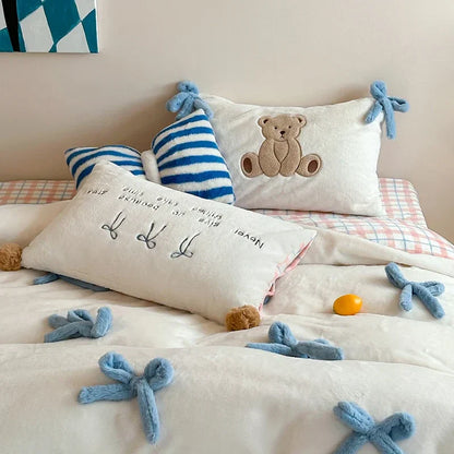 DecorBites™ Bow-knot Embroidered Velvet Duvet Bedding Set cozy winter bedding with pillowcase