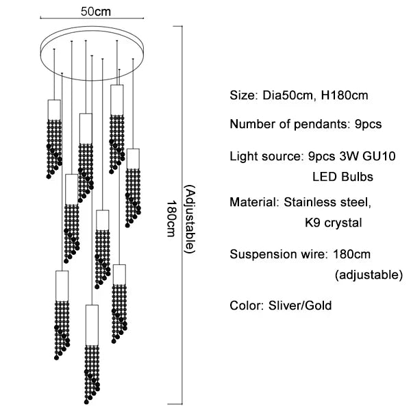 Decorbites™ Gran Candelabro de Escalera LED de Cristal para Salón de Estar Moderno, Vestíbulo o Loft