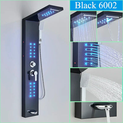 Panel de grifo de ducha DecorBites™ negro con LED, sistema de lluvia tipo cascada y caño de hidromasaje.