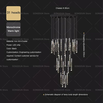 DecorBites™ Crystal Loft Chandelier for Duplex Living Room & Stairwell, Long Hanging Lighting