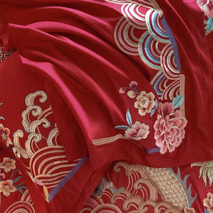 Juego de cama DecorBites™ Gold Loong Phoenix bordado, tamaño Queen, lujoso juego de 4 piezas con acabado cepillado.