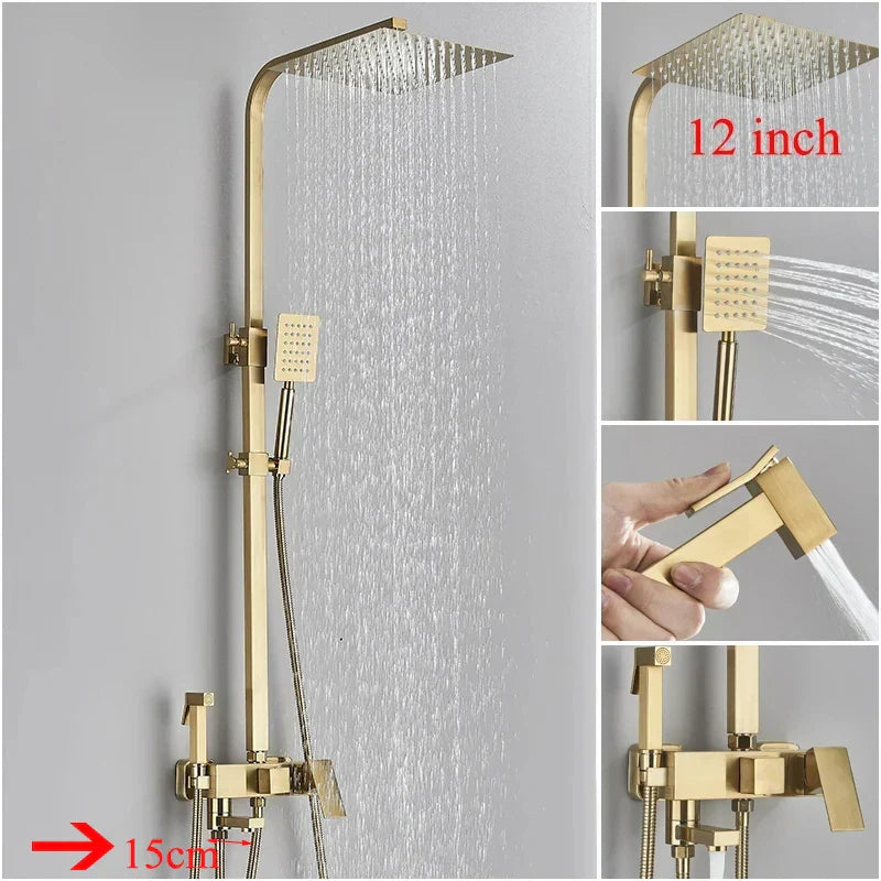 DecorBites™ Brushed Gold Shower Faucet Set: Adjustable Height 4-Function Mixer Bathtub Tap