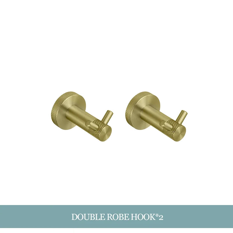 Conjunto de Hardware Decorbites™ Gold: Barra de Toallas, Soporte para Papel Higiénico, Gancho para Batas, Colgador de Tazas