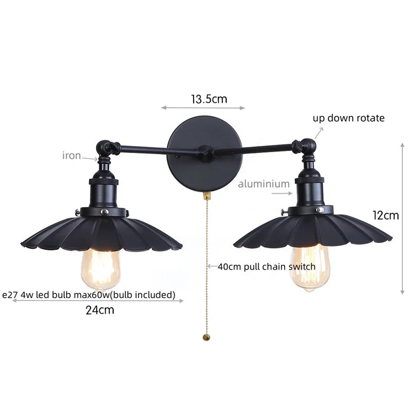 DecorBites™ Industrial Retro LED Wall Lamp with Two Heads and Pull Chain Switch