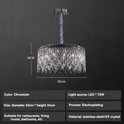 DecorBites™ Chrome Chandelier: Designer Luxury K9 Crystal Lighting Fixture for Dining Room, Hotel, and Bar