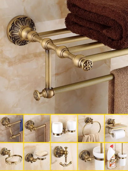 DecorBites™ Brass Bathroom Hardware Set: Shelf, Toilet Brush Holder, Paper & Towel Holder
