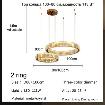 DecorBites™ Golden Crystal Chandelier: Nordic Modern Luxury LED Hanging Halo for Living Room