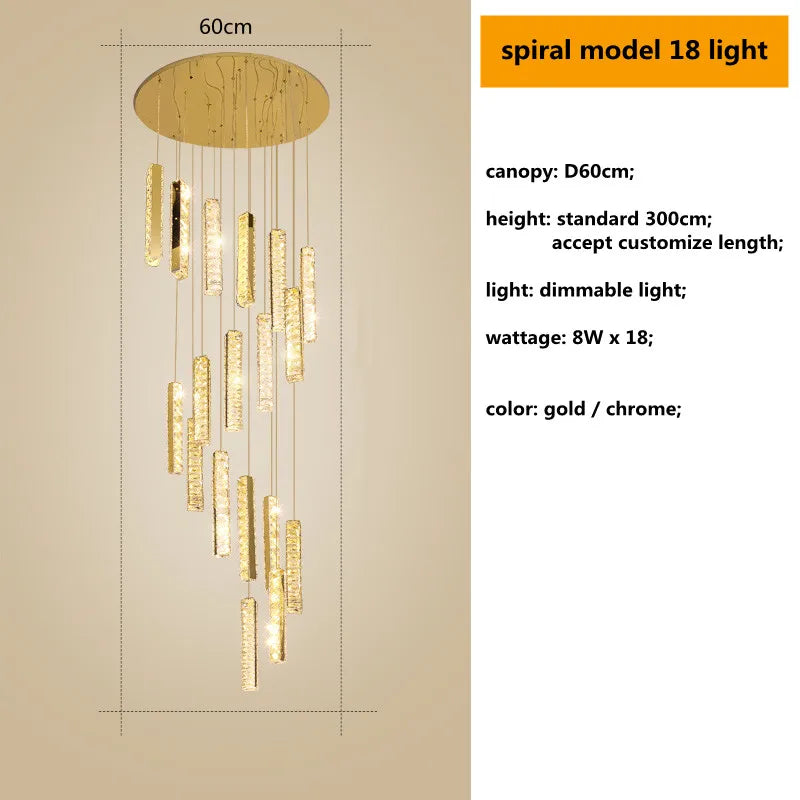DecorBites™ Gold Chrome Steel Crystal Pendant Lights with Dimmable LED for Villa Stair