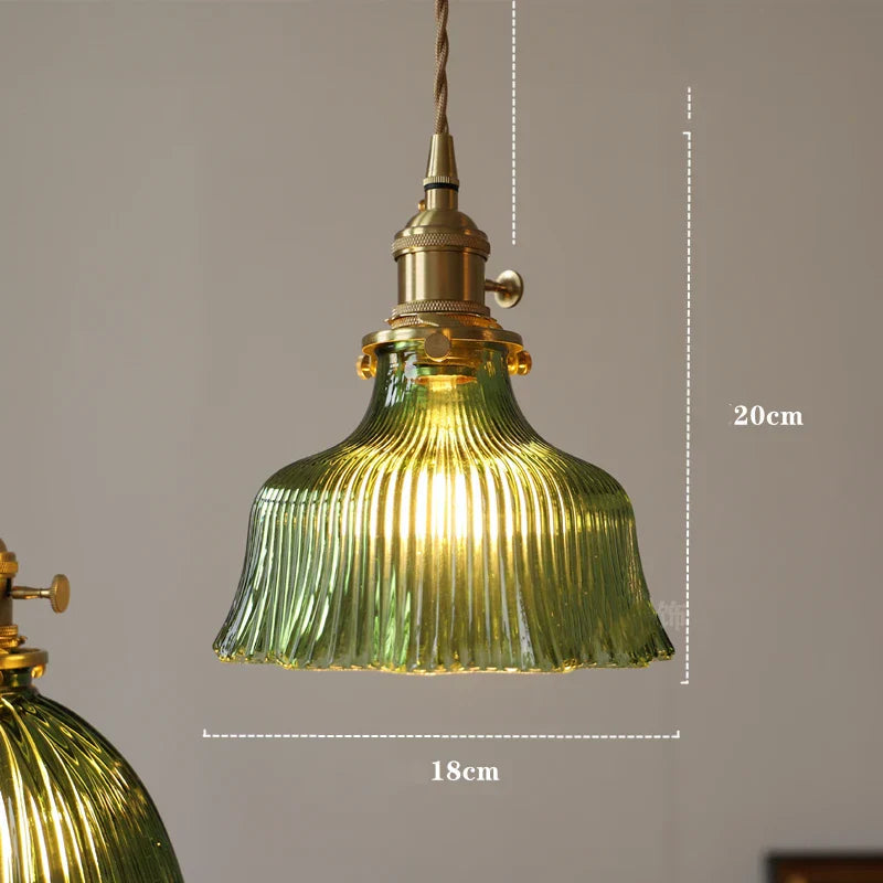 Green Glass Pendant Light Polished Copper 3-Head