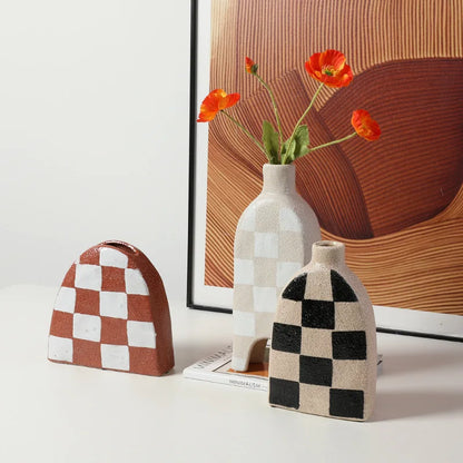 DecorBites™ Geometric Check Ceramic Vase for Stylish Flower Arrangements