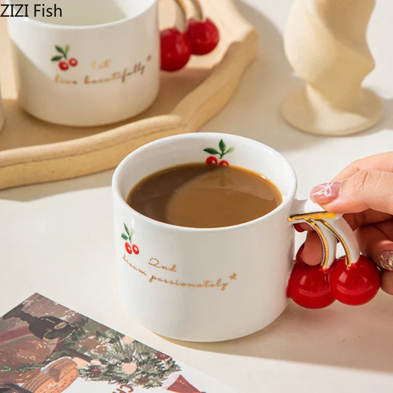 DecorBites™ Cherry Pattern Porcelain Coffee Mug, Gilded Edge Teacup for Afternoon Tea & Juice