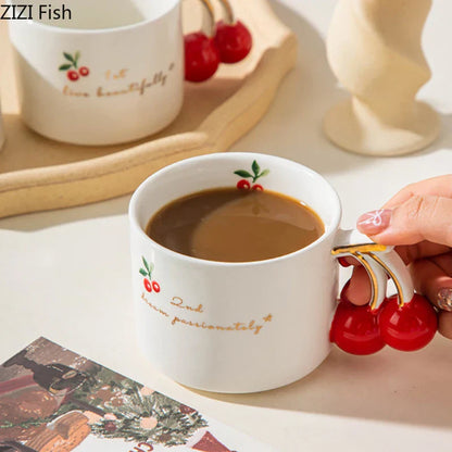 DecorBites™ Cherry Pattern Porcelain Coffee Mug, Gilded Edge Teacup for Afternoon Tea & Juice