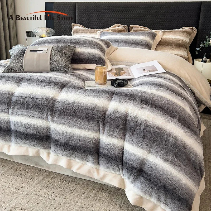 Decobites Cozy Faux Fur Bedding Set: Gradient Rabbit Fur Plush Cover Sheet Pillowcases