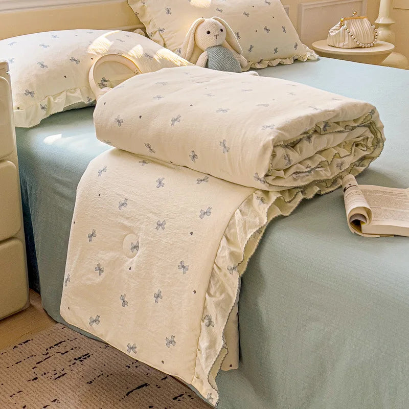 DecorBites™ Korean Cotton Patchwork Quilt with Lace and Ruffle for Summer