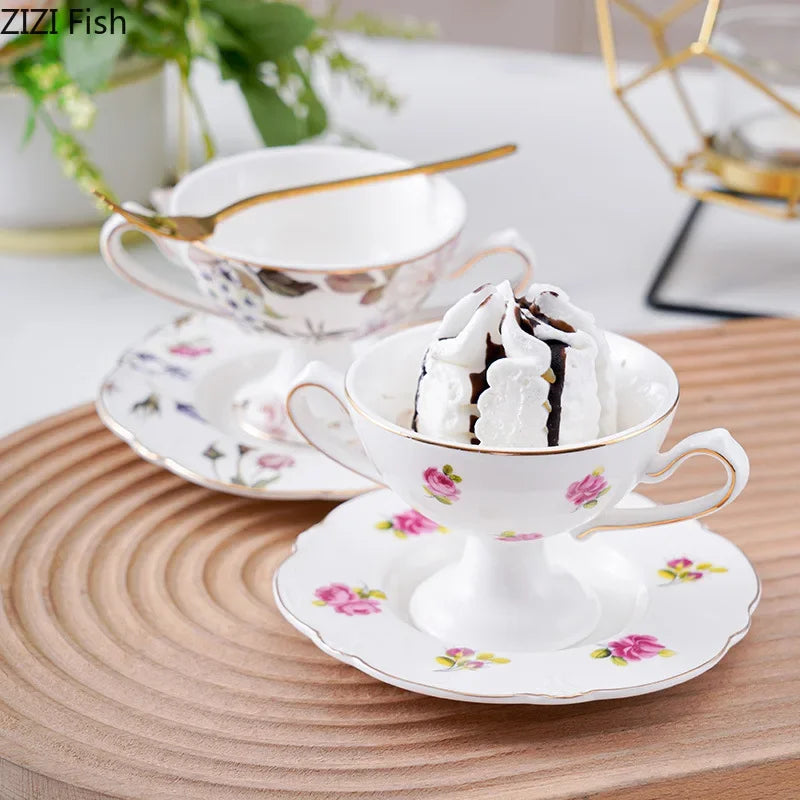 DecorBites™ Gold Flower Porcelain Goblet Cup Tea Coffee Mug Juice Cup