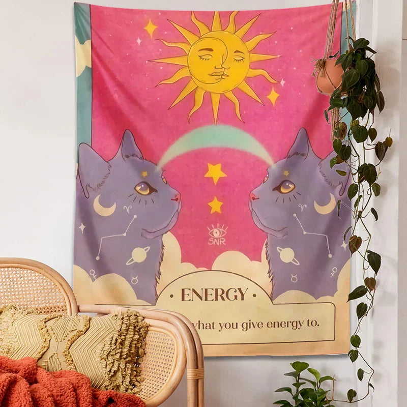 Decobites Tarot Constellation Cat Energy Wall Art Tapestry - Sun Moon Decor