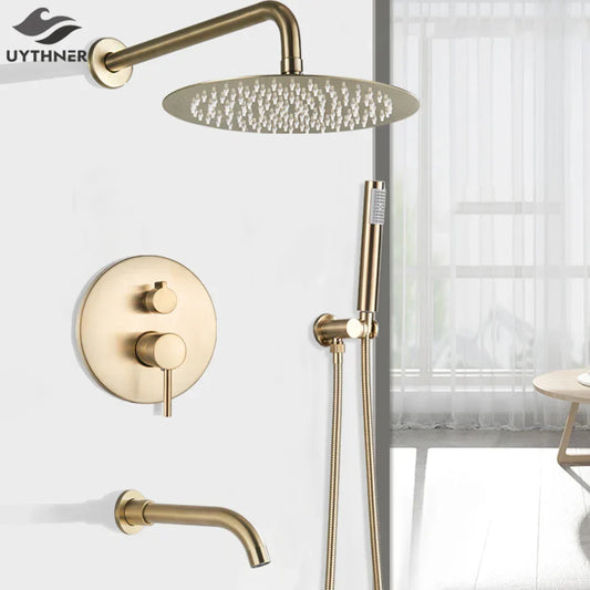 DecorBites™ Gold Shower Faucet with Rainfall Head and Hand Sprayer - Wall Mount Mixer Set
