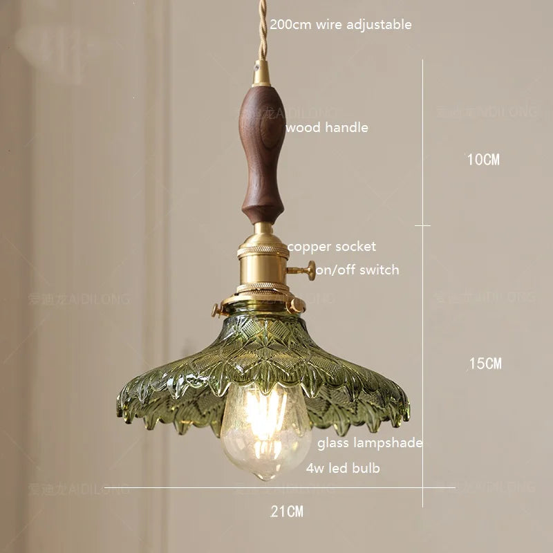 DecorBites™ Green Glass LED Pendant Lamp with Copper Wood Handle for Modern Nordic Home Decor