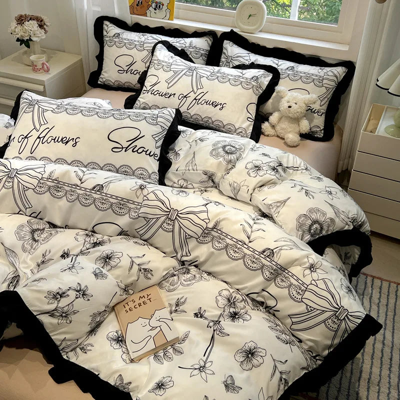 DecorBites™ Korean Black White Hepburn Style Bedding Set with Lace Fitted Sheet Set