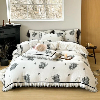 Decobites Ruffled Embroidery Cotton Bedding Set: Duvet Cover, Sheet Set, Pillowcase