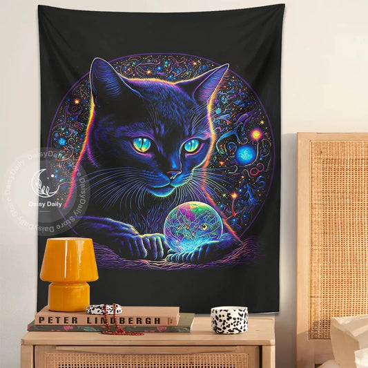 Decobites Black Cat Tapestry: Trippy Magic Crystal Ball Wall Art for Boho Home Decor