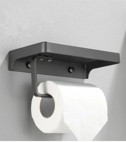 DecorBites™ Aluminum Gray Bathroom Paper Roll Holder with Phone Shelf, Tissue Box Rack